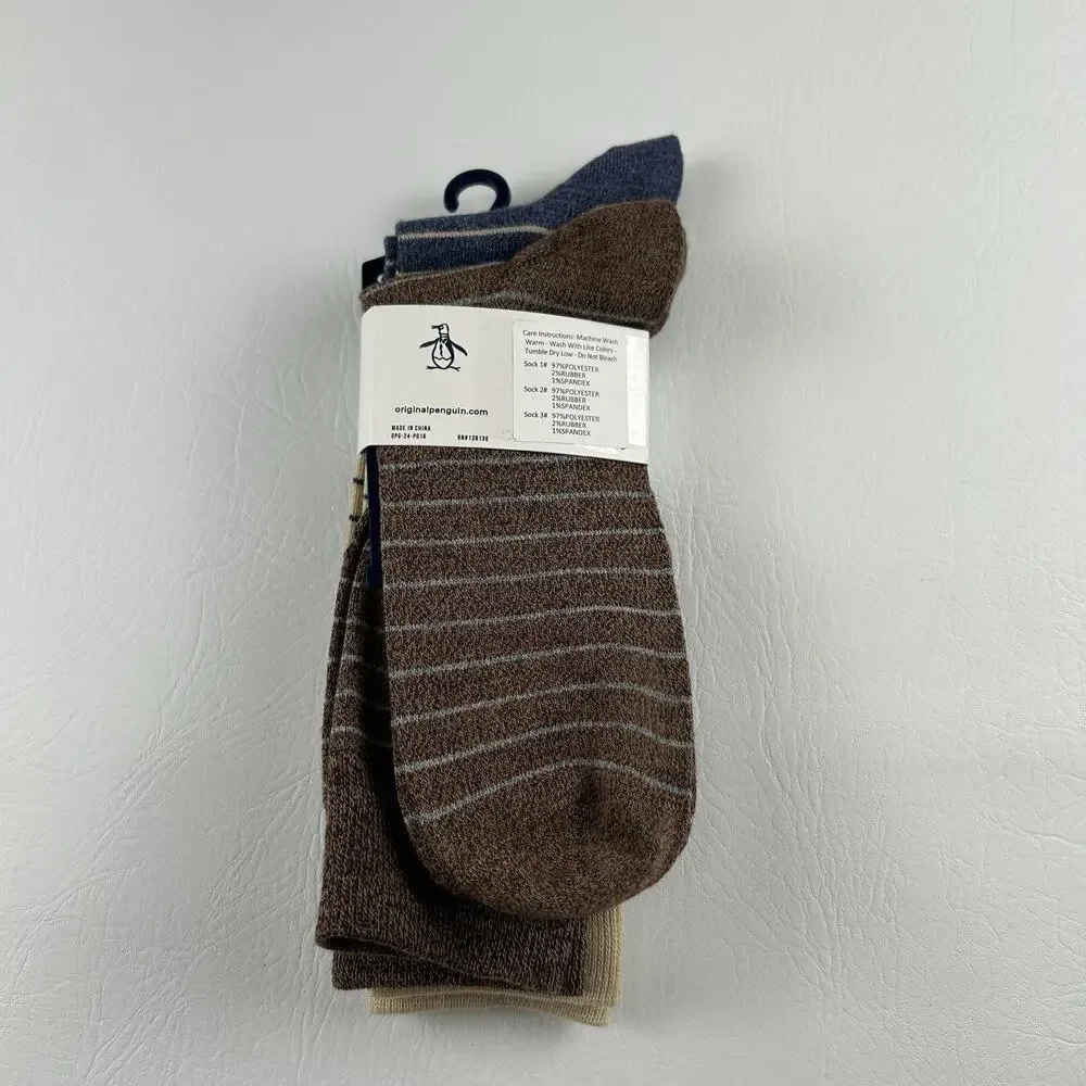 Original Penguin Men’s 3 Pack Crew Dress Socks Blue Brown Stripe Size 8-13 NWT